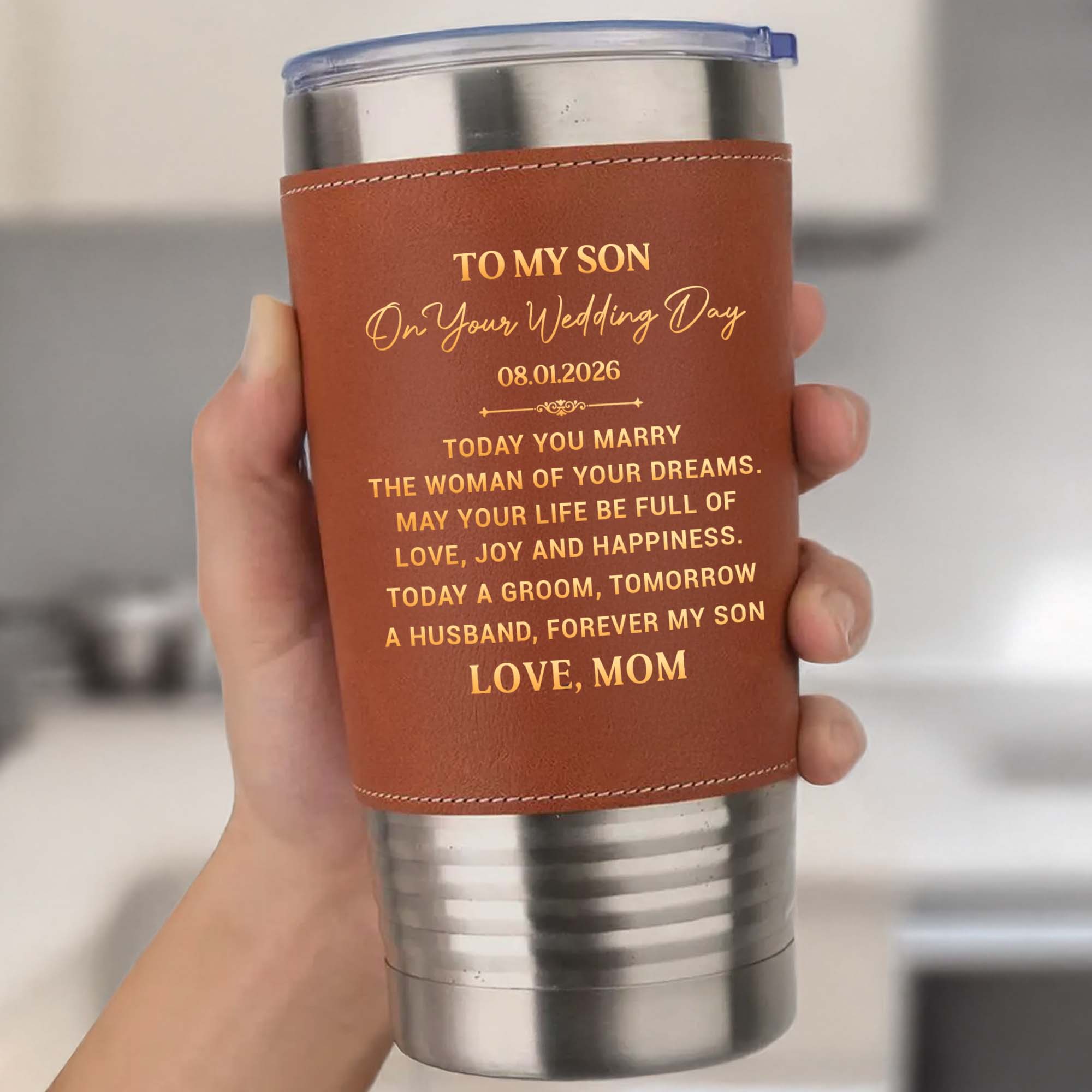 Personalized Leather Tumbler Engraved for Son Wedding Gift Leather Tumbler GradoCreations