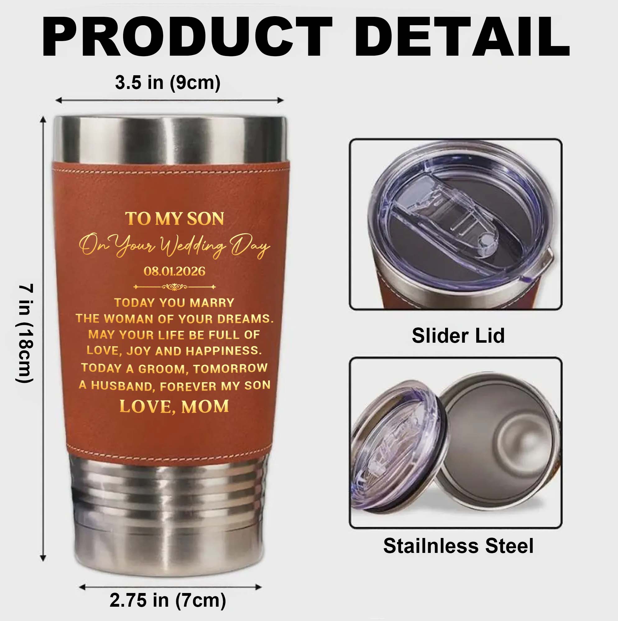 Personalized Leather Tumbler Engraved for Son Wedding Gift Leather Tumbler GradoCreations