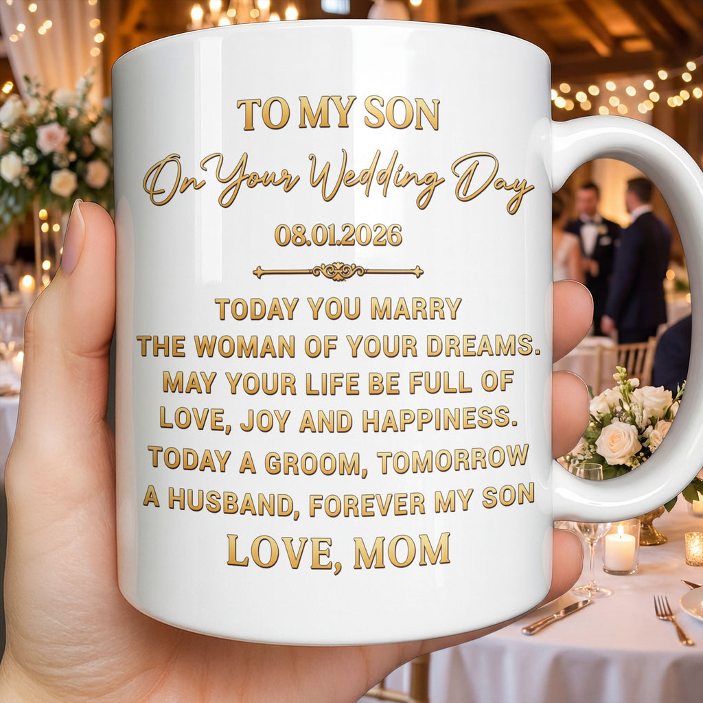 Personalized Coffee Mug Gift for Son Wedding Day Love Note Edge-to-edge Mug GradoCreations