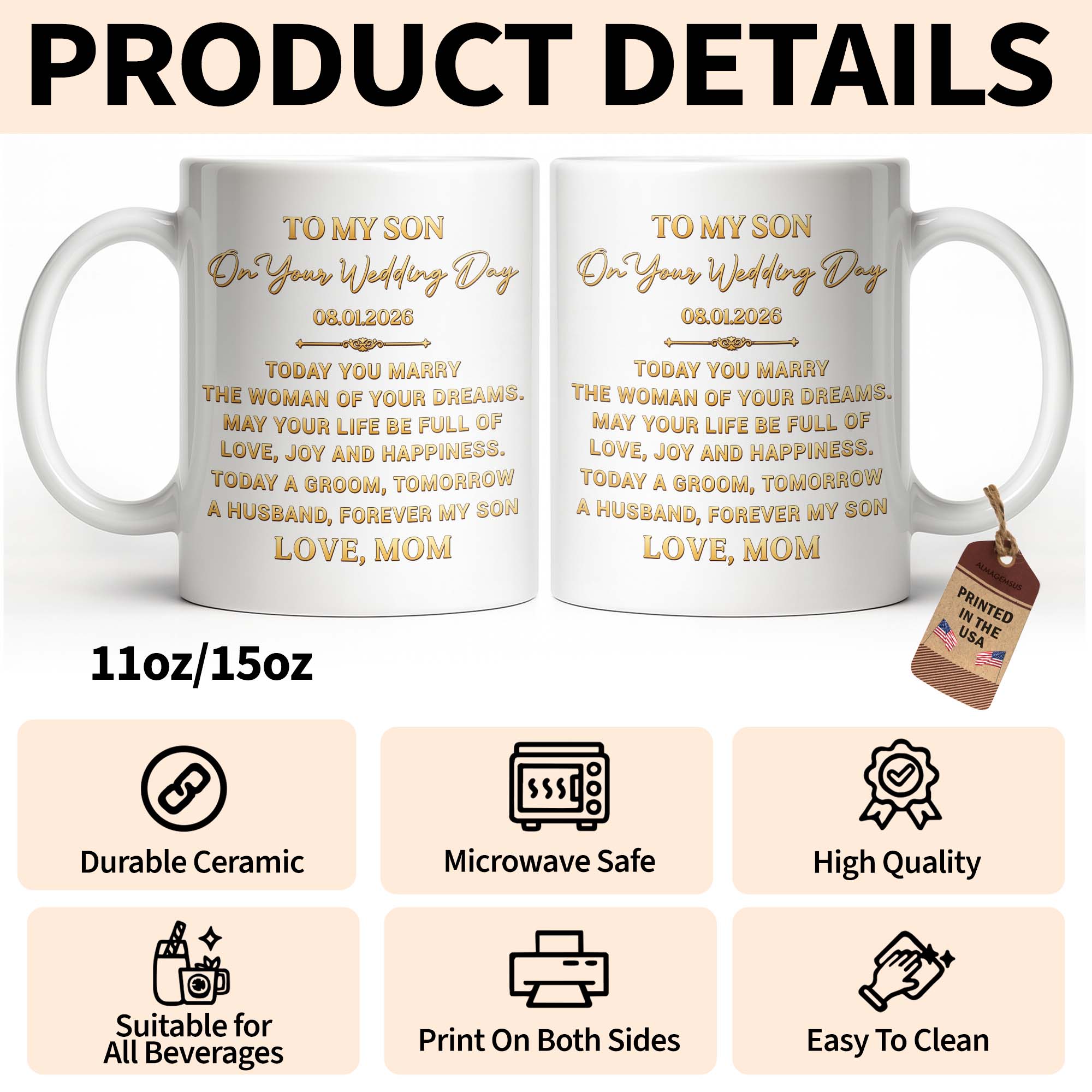 Personalized Coffee Mug Gift for Son Wedding Day Love Note Edge-to-edge Mug GradoCreations