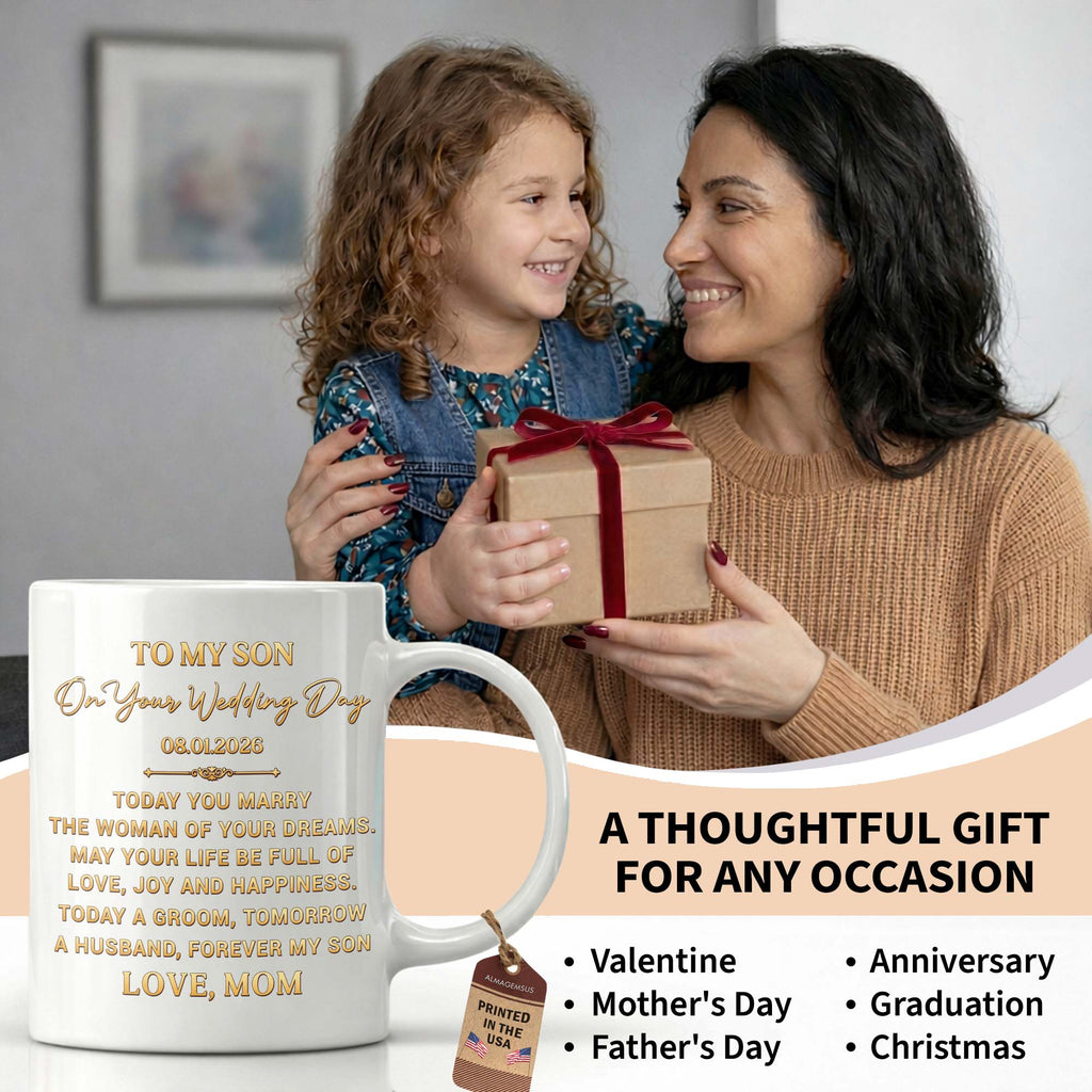 Personalized Coffee Mug Gift for Son Wedding Day Love Note Edge-to-edge Mug GradoCreations