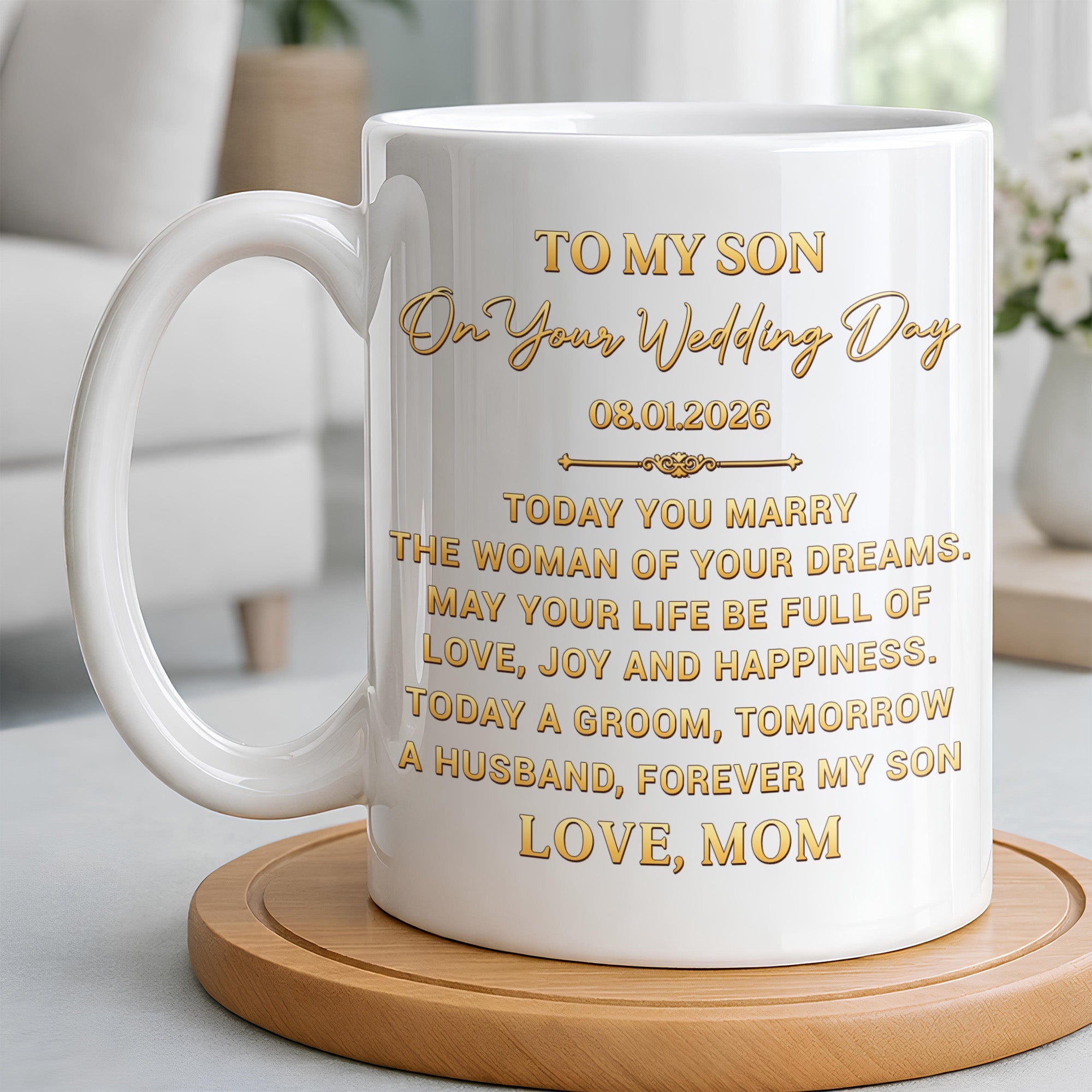 Personalized Coffee Mug Gift for Son Wedding Day Love Note Edge-to-edge Mug GradoCreations