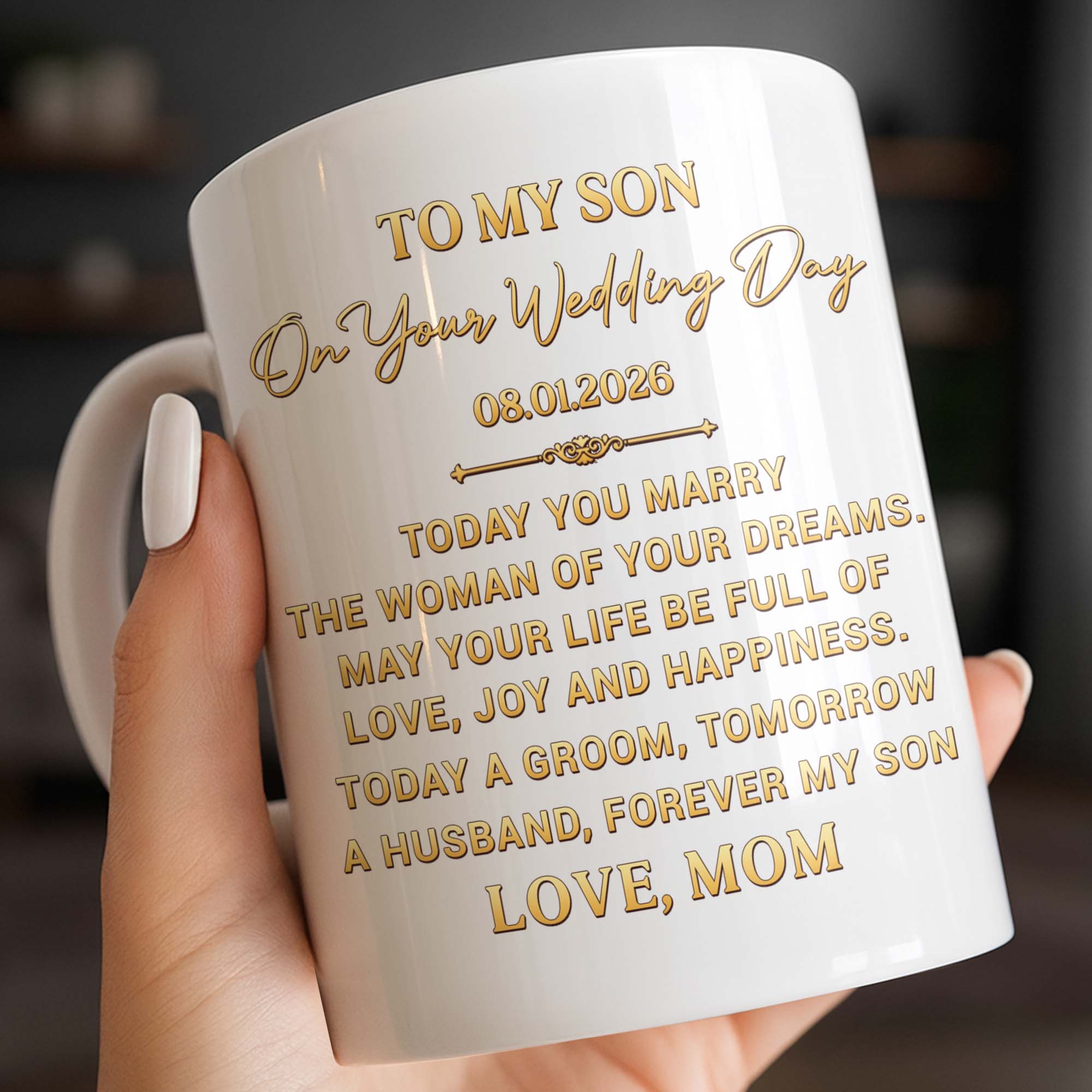 Personalized Coffee Mug Gift for Son Wedding Day Love Note Edge-to-edge Mug GradoCreations
