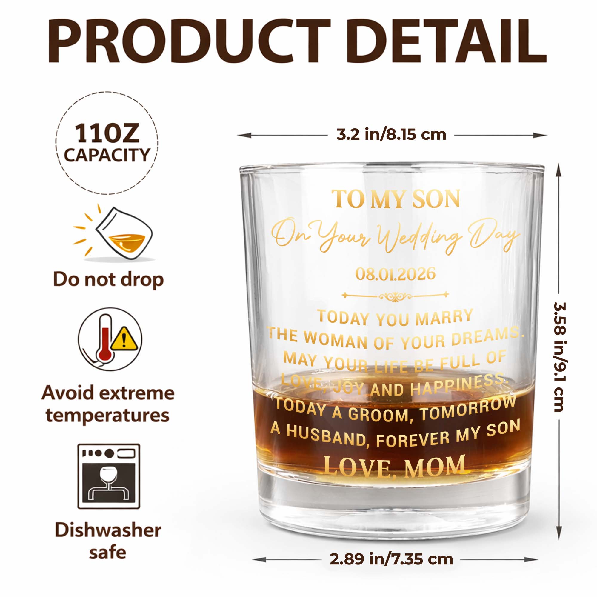 Personalized Whiskey Glass Custom Name Gift for Son Wedding Whiskey Glass GradoCreations