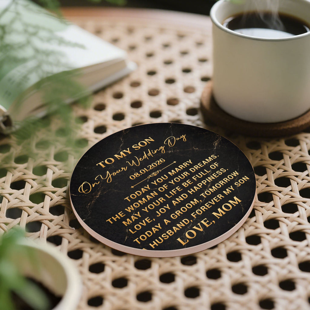 Personalized Black Marble Ceramic Coaster Gift for Son Wedding Day Ceramic Coaster GradoCreations