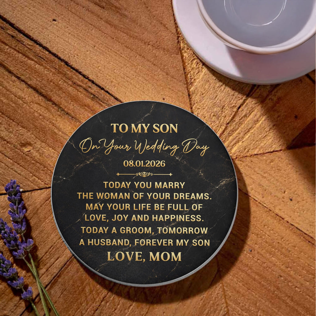 Personalized Black Marble Ceramic Coaster Gift for Son Wedding Day Ceramic Coaster GradoCreations