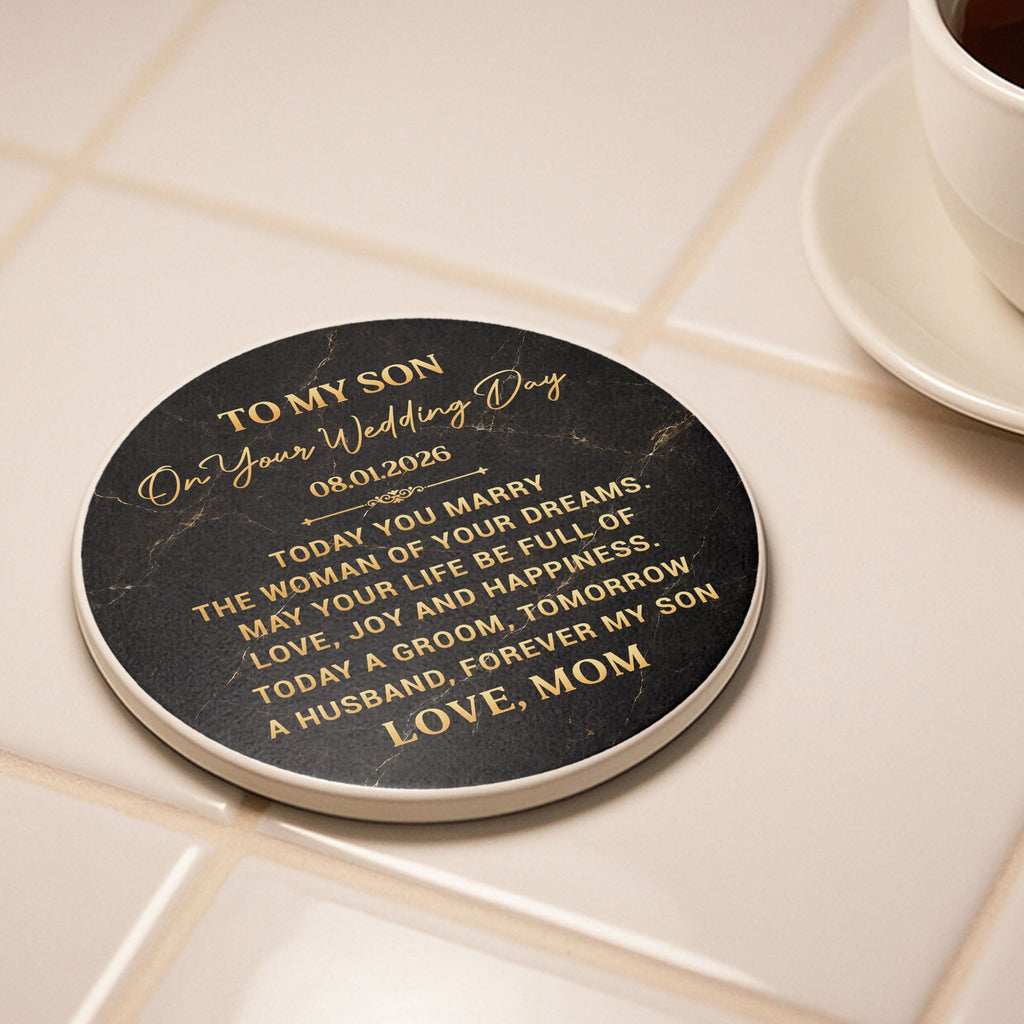 Personalized Black Marble Ceramic Coaster Gift for Son Wedding Day Ceramic Coaster GradoCreations