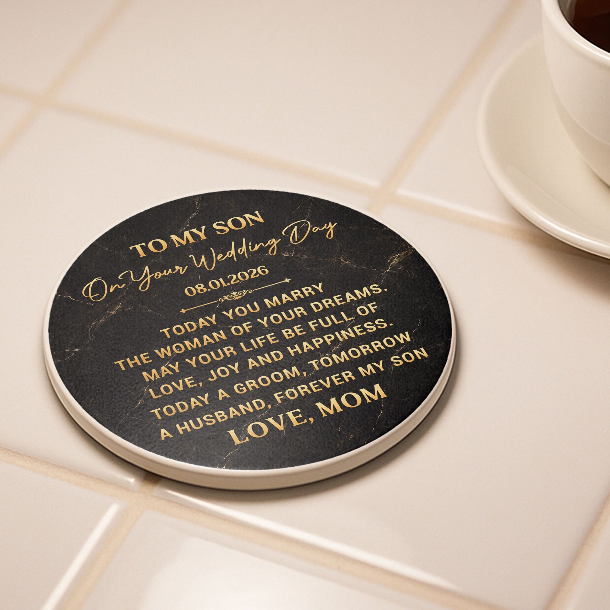 Personalized Black Marble Ceramic Coaster Gift for Son Wedding Day Ceramic Coaster GradoCreations