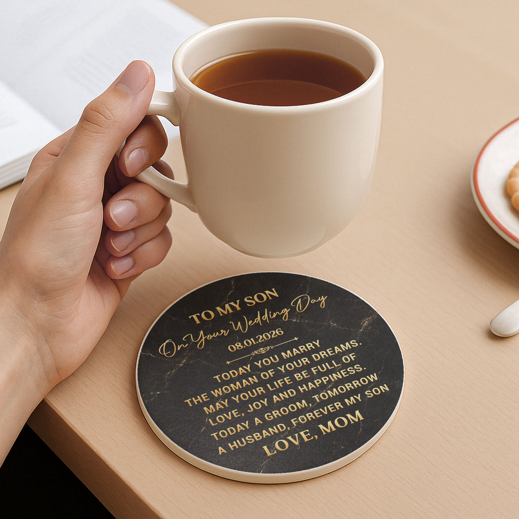 Personalized Black Marble Ceramic Coaster Gift for Son Wedding Day Ceramic Coaster GradoCreations