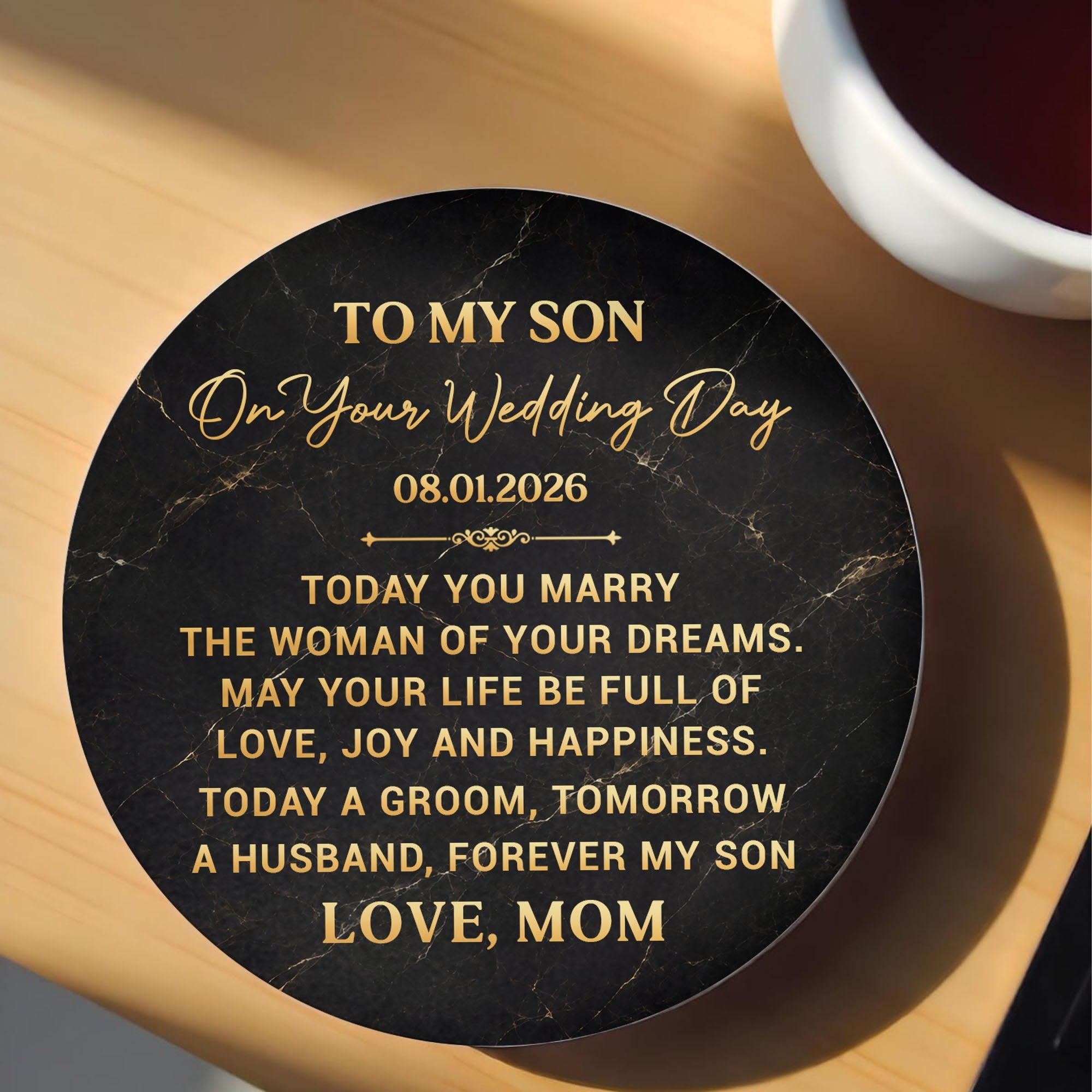 Personalized Black Marble Ceramic Coaster Gift for Son Wedding Day Ceramic Coaster GradoCreations