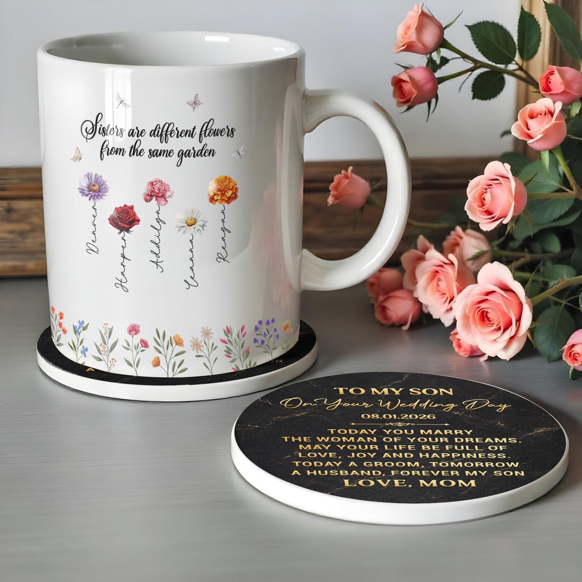 Personalized Black Marble Ceramic Coaster Gift for Son Wedding Day Ceramic Coaster GradoCreations