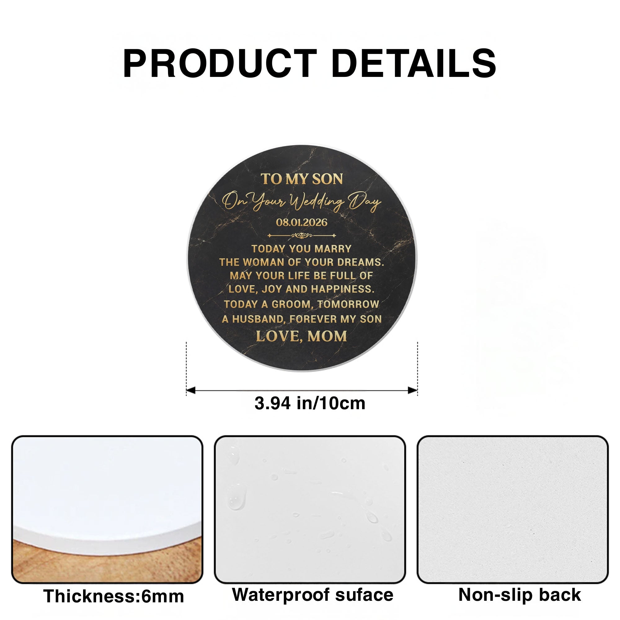 Personalized Black Marble Ceramic Coaster Gift for Son Wedding Day Ceramic Coaster GradoCreations