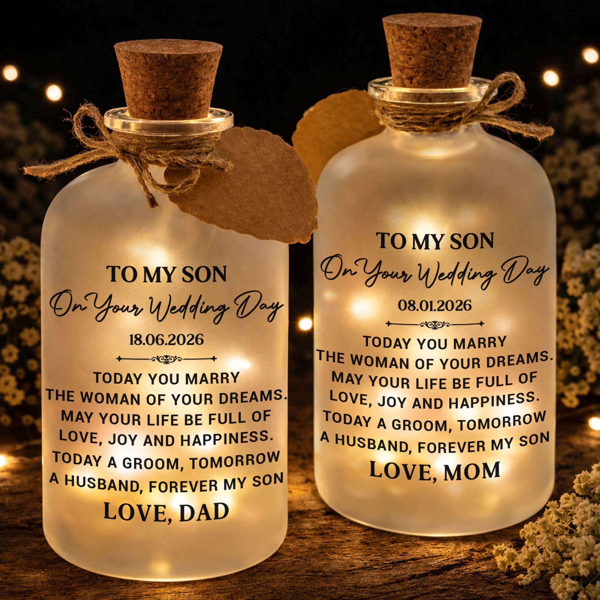 Personalized Wedding Day Bottle Light Gift for Son with LED Short Bottle Light GradoCreations
