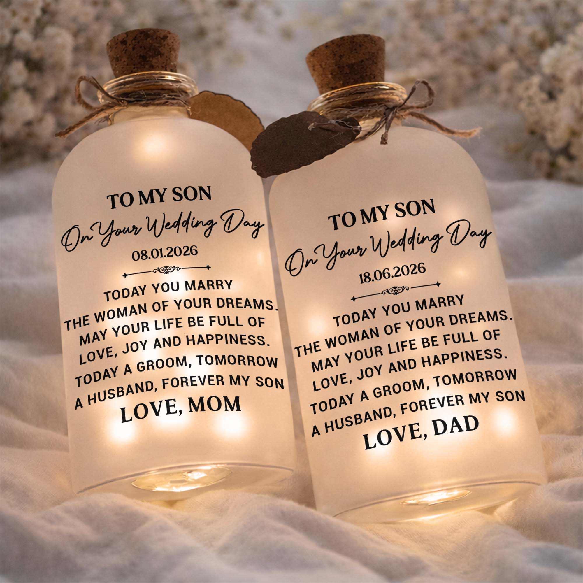 Personalized Wedding Day Bottle Light Gift for Son with LED Short Bottle Light GradoCreations