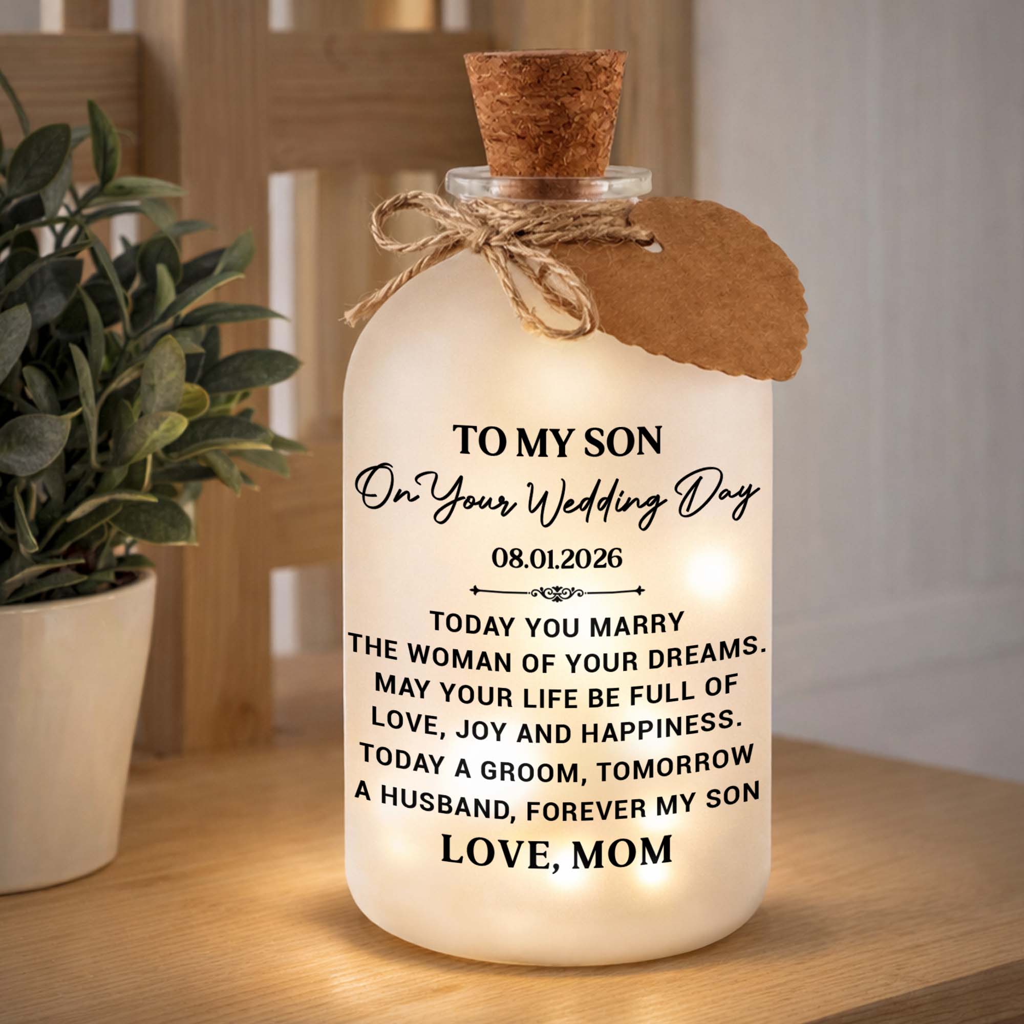 Personalized Wedding Day Bottle Light Gift for Son with LED Short Bottle Light GradoCreations