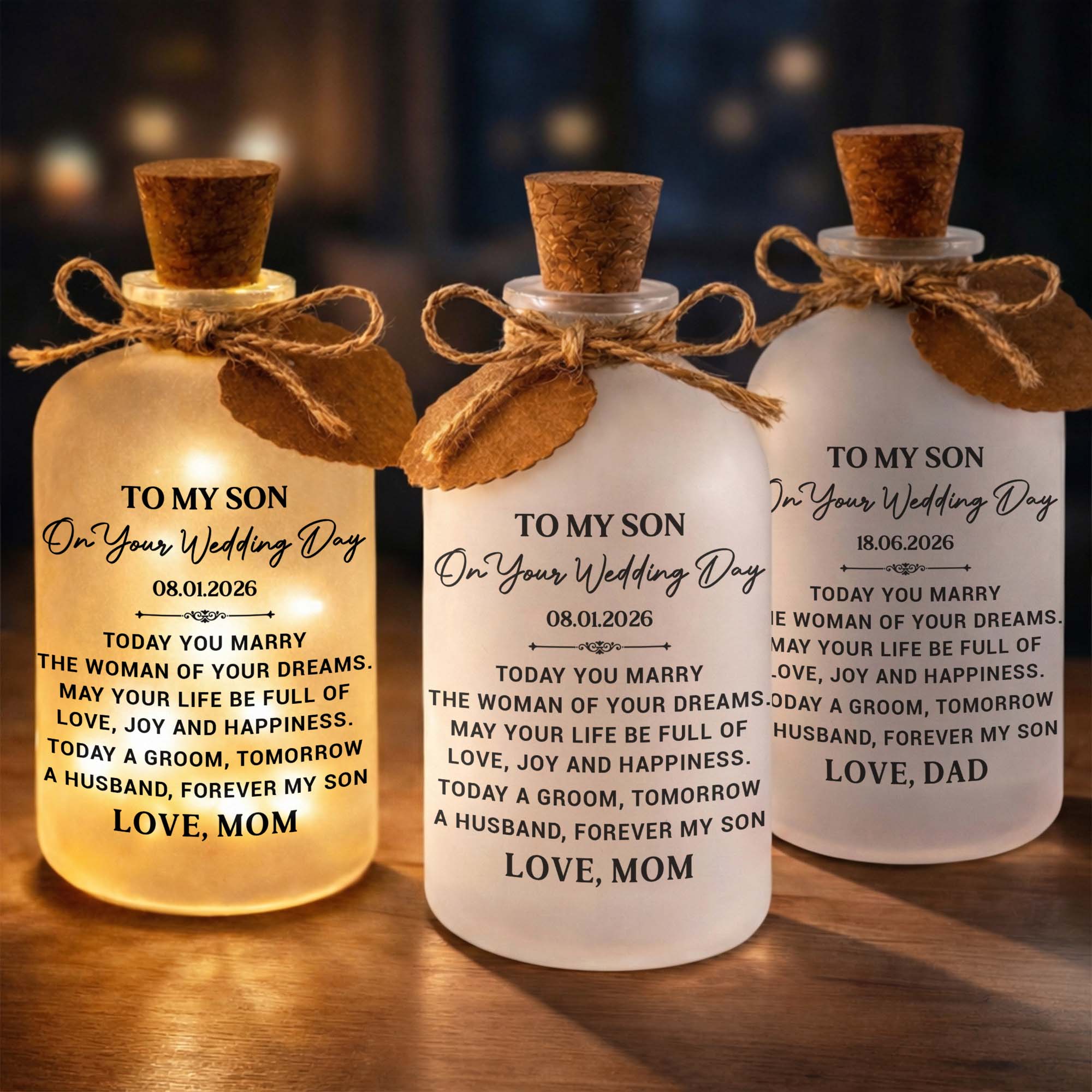 Personalized Wedding Day Bottle Light Gift for Son with LED Short Bottle Light GradoCreations