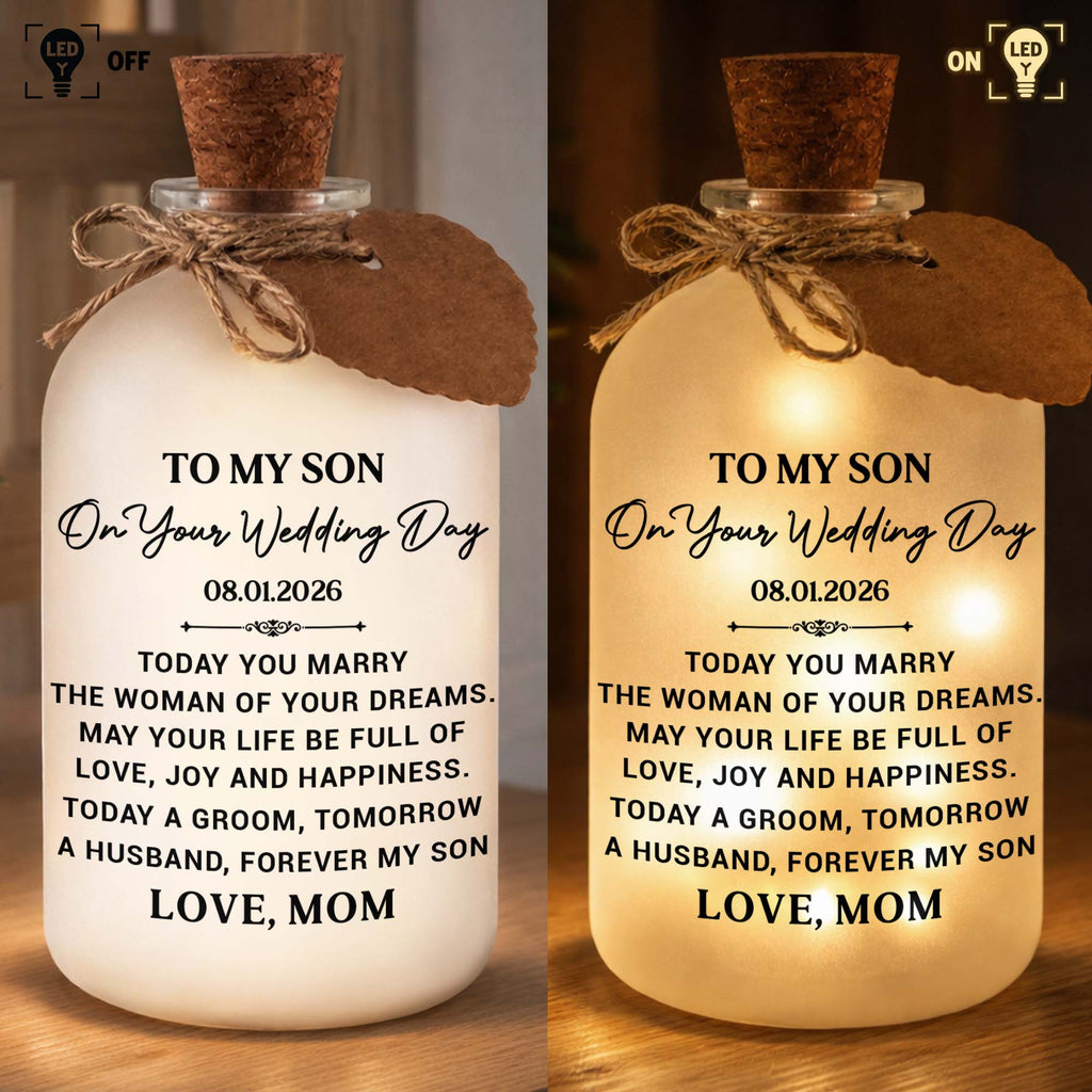 Personalized Wedding Day Bottle Light Gift for Son with LED Short Bottle Light GradoCreations