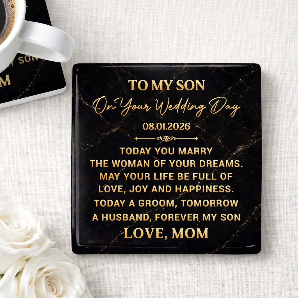 Personalized Black Marble Coaster Gift for Son Wedding Day Square Ceramic Coaster GradoCreations