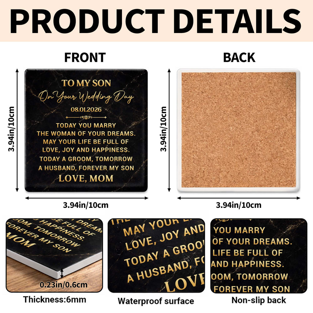 Personalized Black Marble Coaster Gift for Son Wedding Day Square Ceramic Coaster GradoCreations