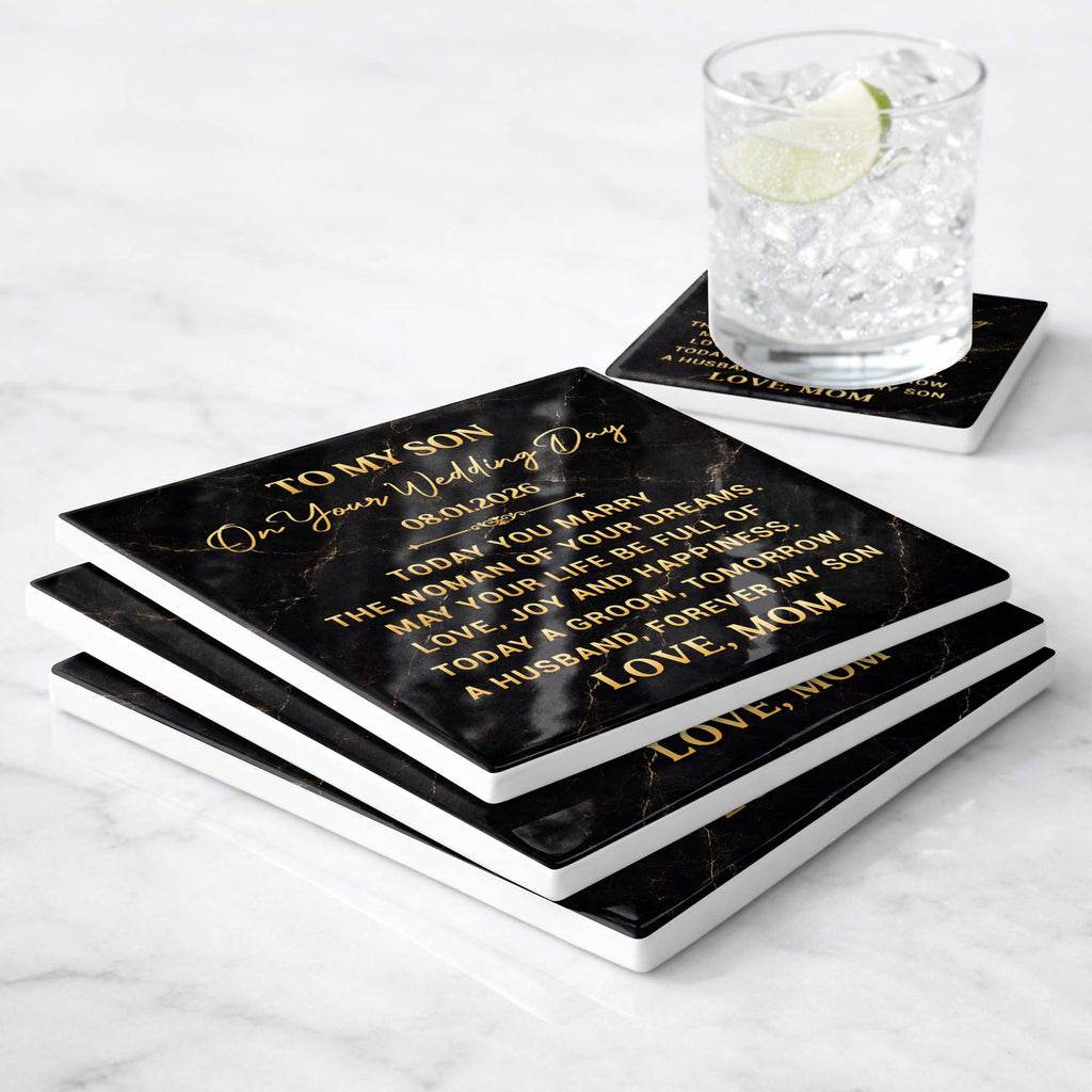 Personalized Black Marble Coaster Gift for Son Wedding Day Square Ceramic Coaster GradoCreations