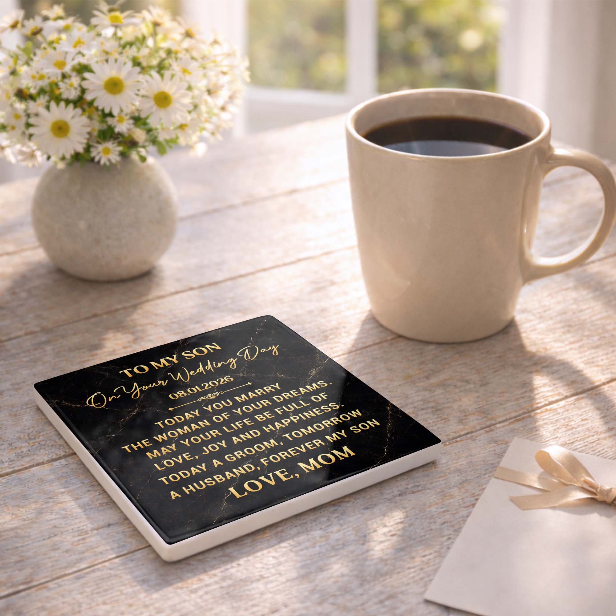 Personalized Black Marble Coaster Gift for Son Wedding Day Square Ceramic Coaster GradoCreations