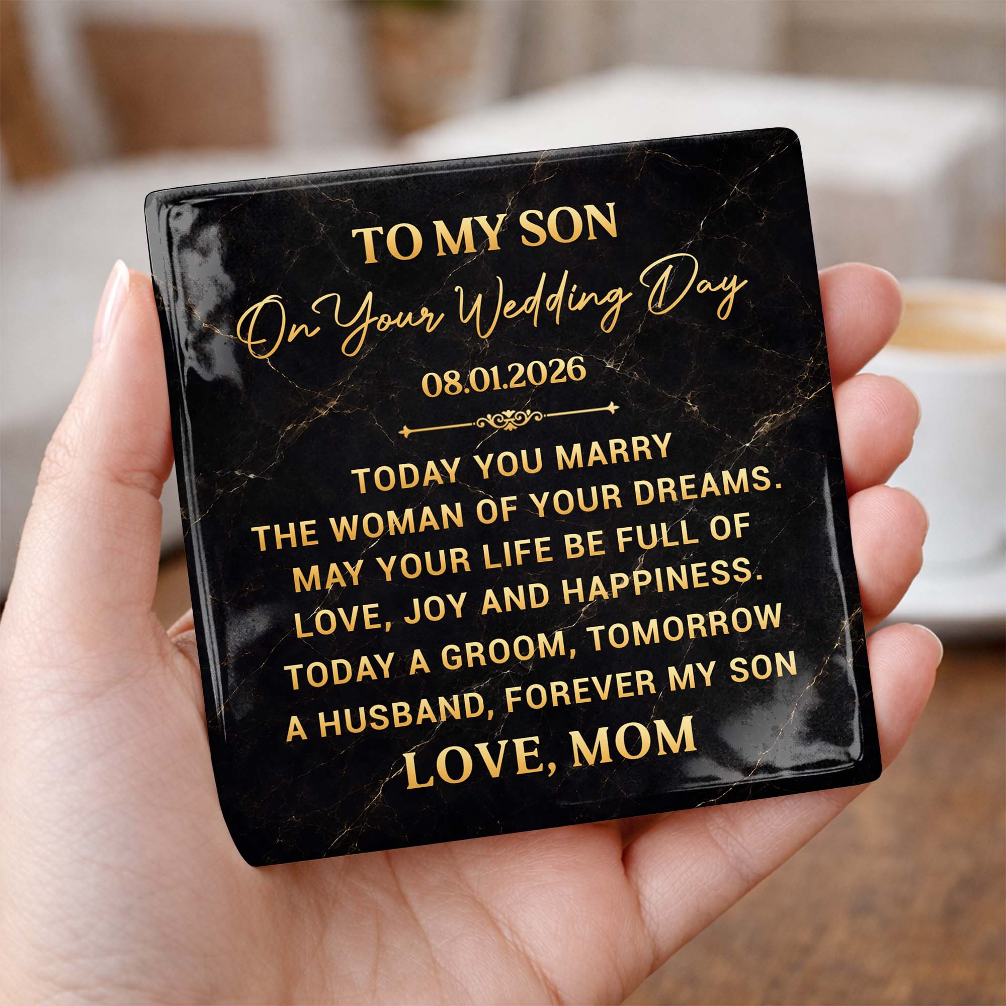 Personalized Black Marble Coaster Gift for Son Wedding Day Square Ceramic Coaster GradoCreations