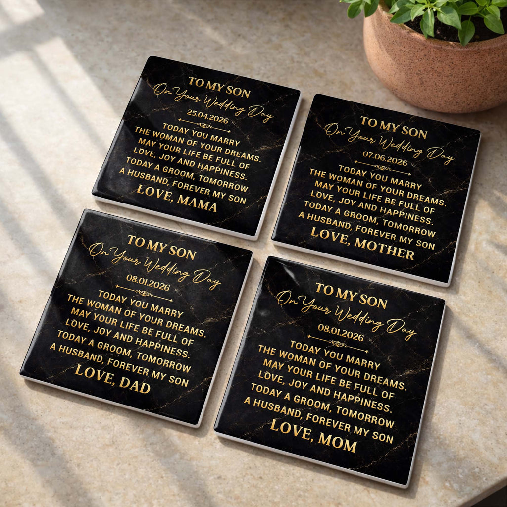 Personalized Black Marble Coaster Gift for Son Wedding Day Square Ceramic Coaster GradoCreations