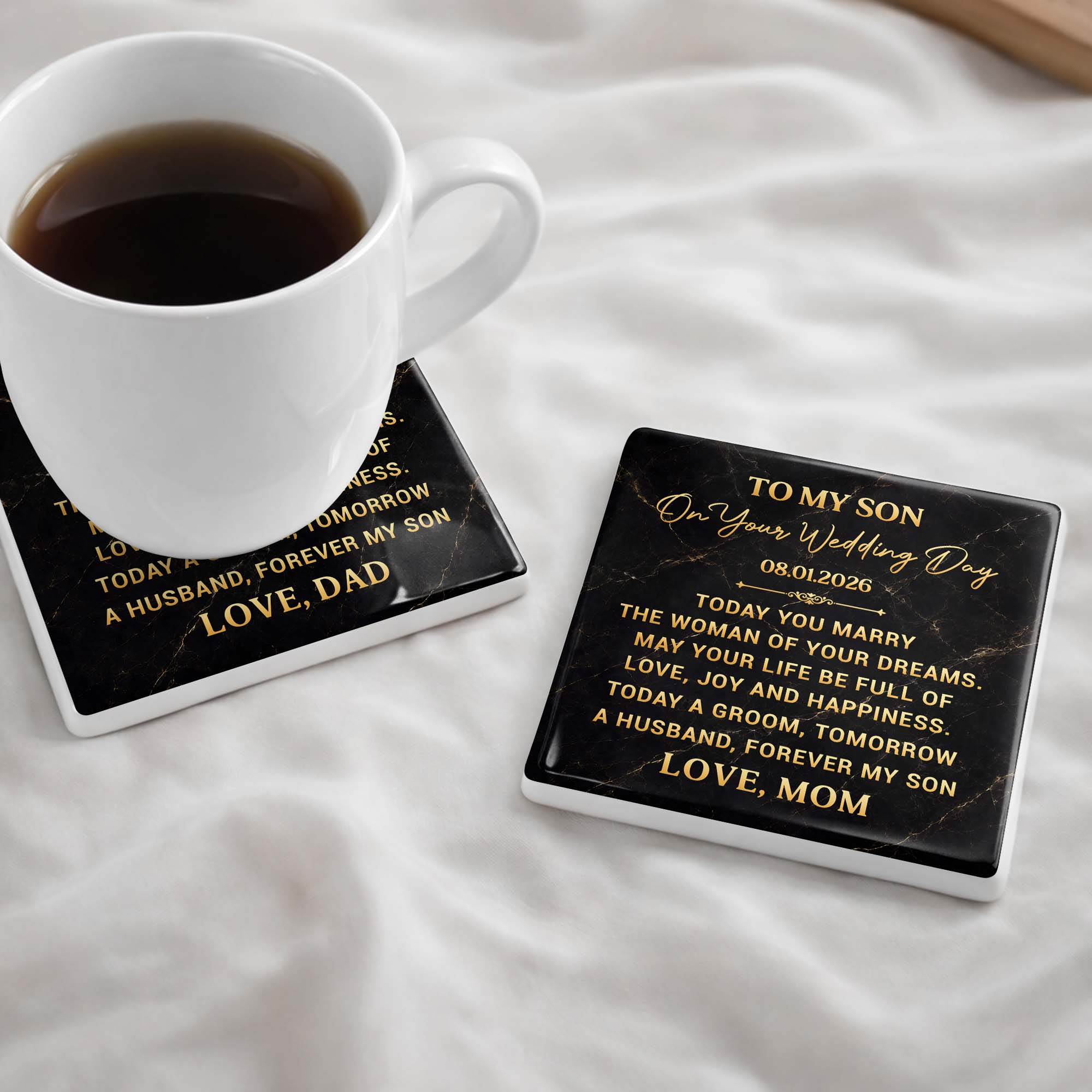 Personalized Black Marble Coaster Gift for Son Wedding Day Square Ceramic Coaster GradoCreations