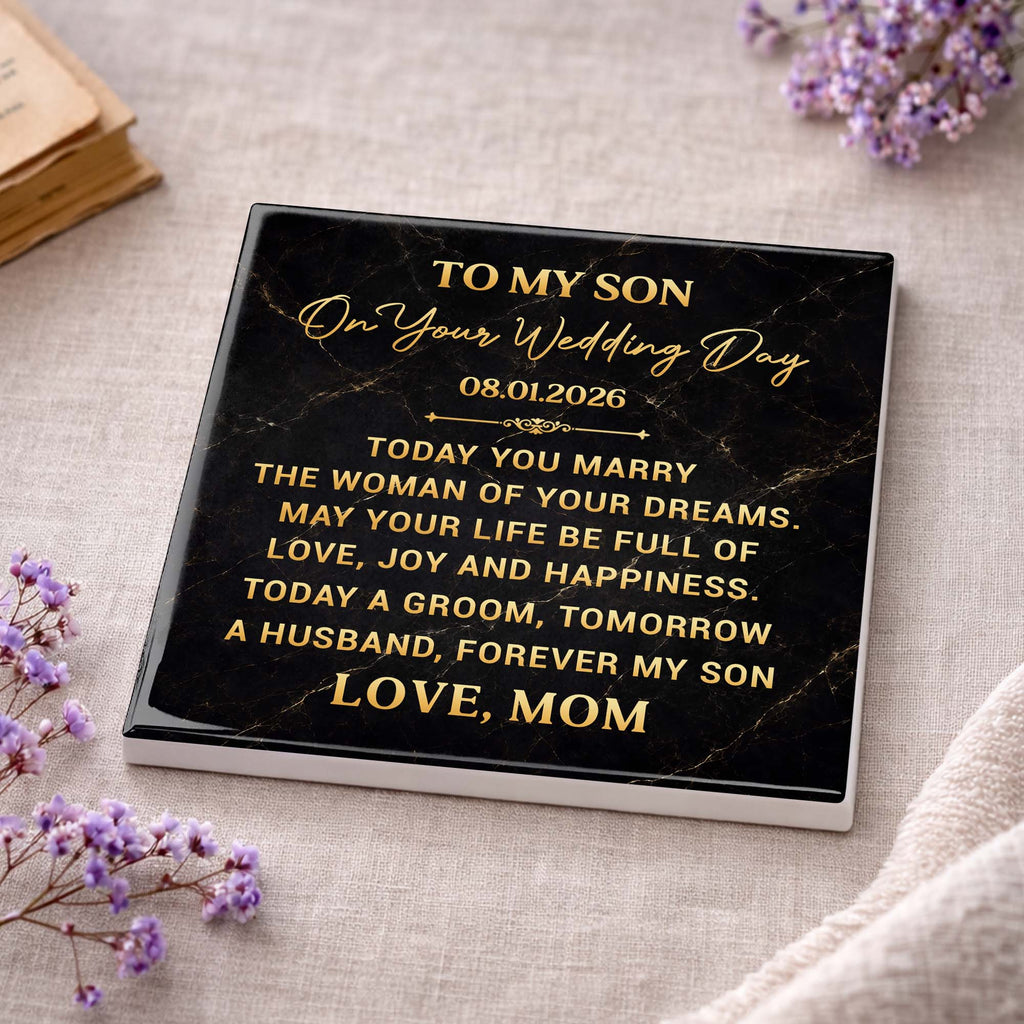 Personalized Black Marble Coaster Gift for Son Wedding Day Square Ceramic Coaster GradoCreations