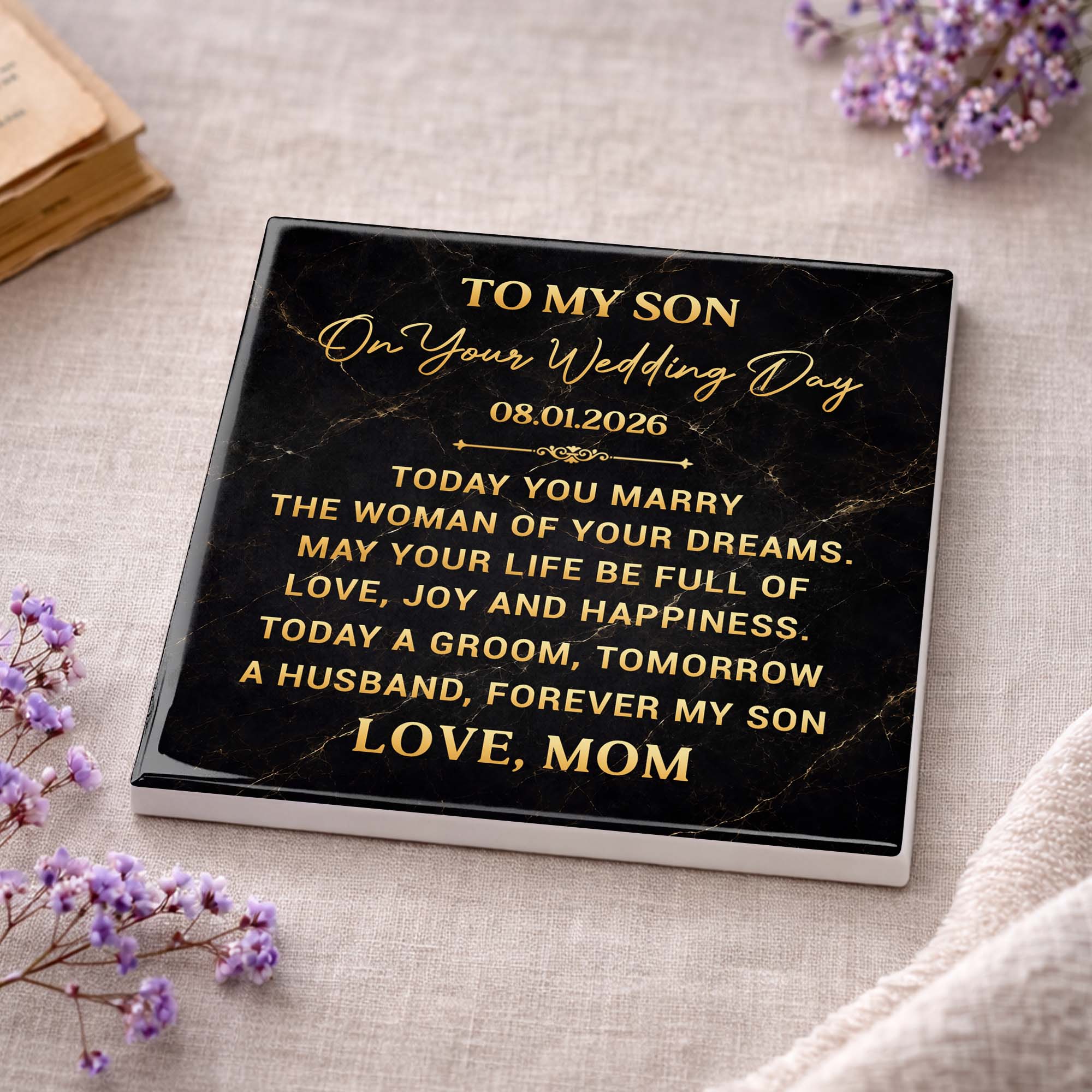 Personalized Black Marble Coaster Gift for Son Wedding Day Square Ceramic Coaster GradoCreations