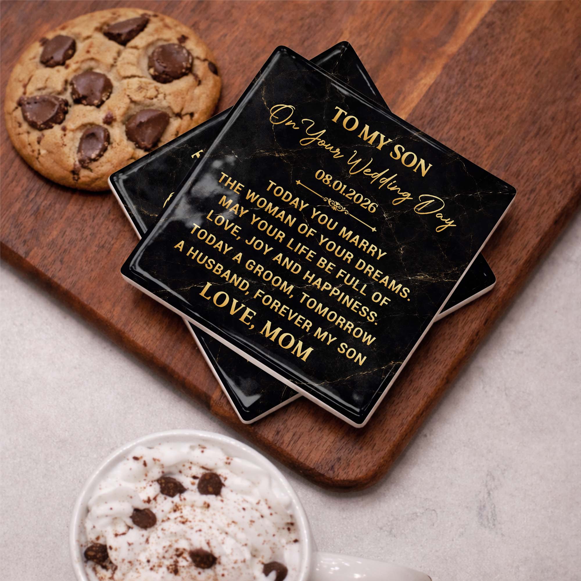Personalized Black Marble Coaster Gift for Son Wedding Day Square Ceramic Coaster GradoCreations