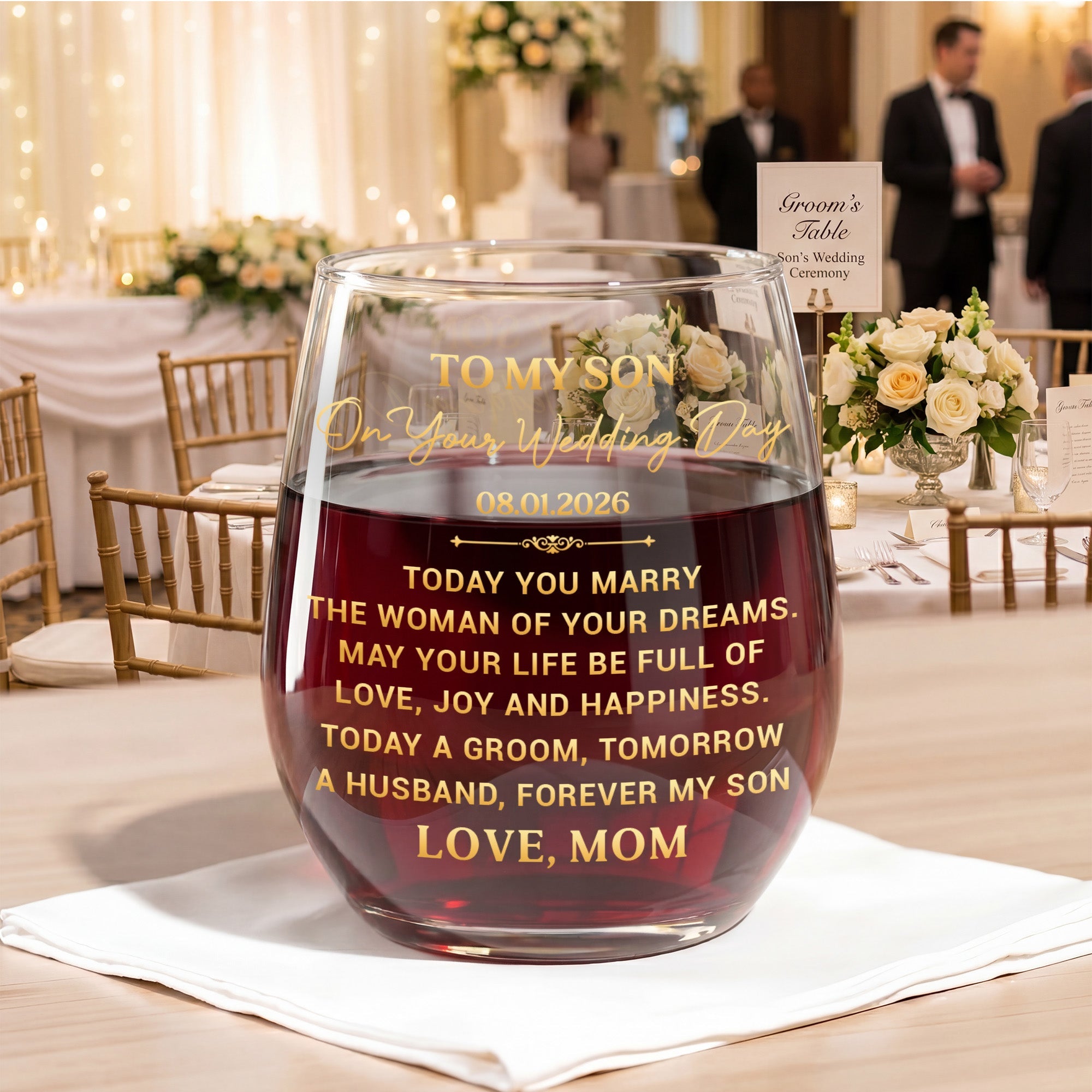 Personalized Stemless Wine Glass for Son Wedding Day Gift Wine Glasses GradoCreations