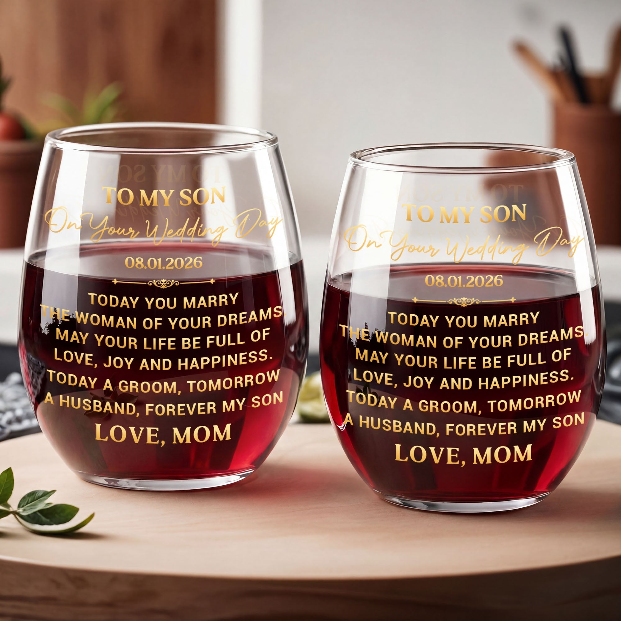 Personalized Stemless Wine Glass for Son Wedding Day Gift Wine Glasses GradoCreations