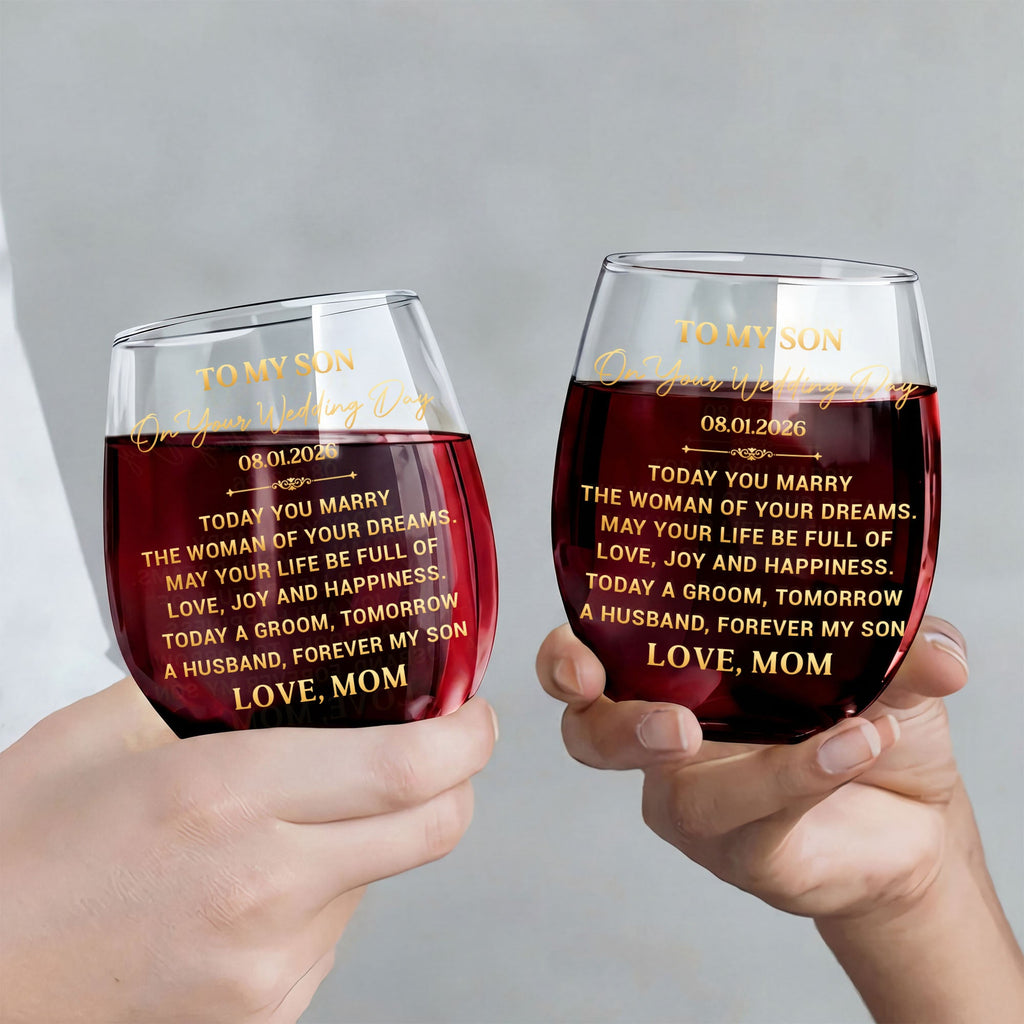 Personalized Stemless Wine Glass for Son Wedding Day Gift Wine Glasses GradoCreations