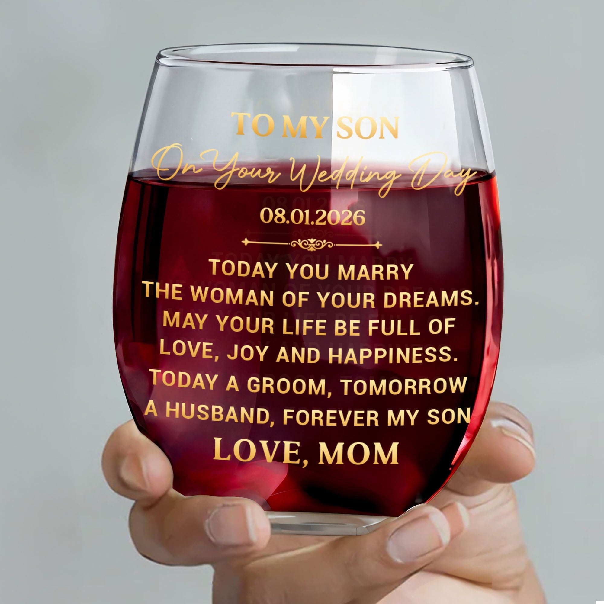 Personalized Stemless Wine Glass for Son Wedding Day Gift Wine Glasses GradoCreations