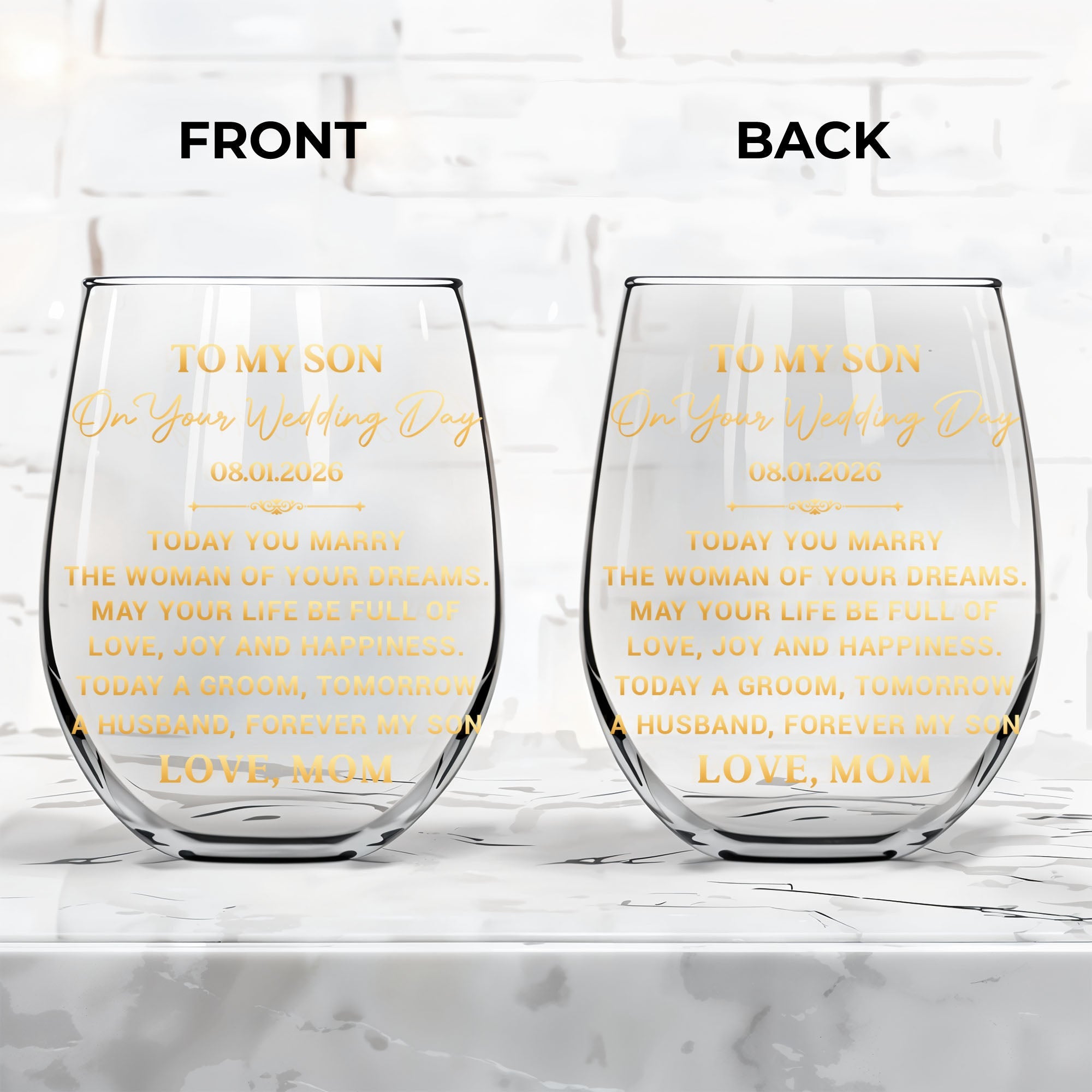 Personalized Stemless Wine Glass for Son Wedding Day Gift Wine Glasses GradoCreations