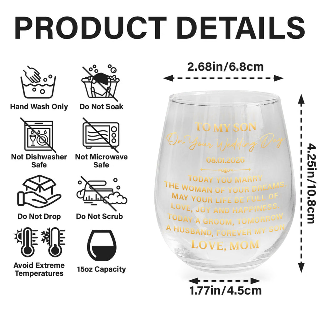 Personalized Stemless Wine Glass for Son Wedding Day Gift Wine Glasses GradoCreations