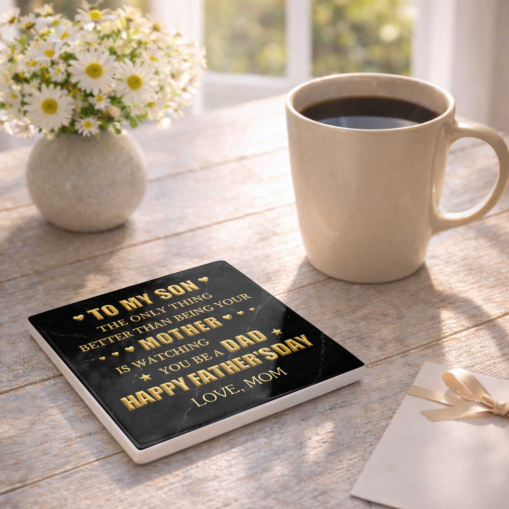 Personalized Ceramic Coaster Custom Message Gift for Son Square Ceramic Coaster GradoCreations