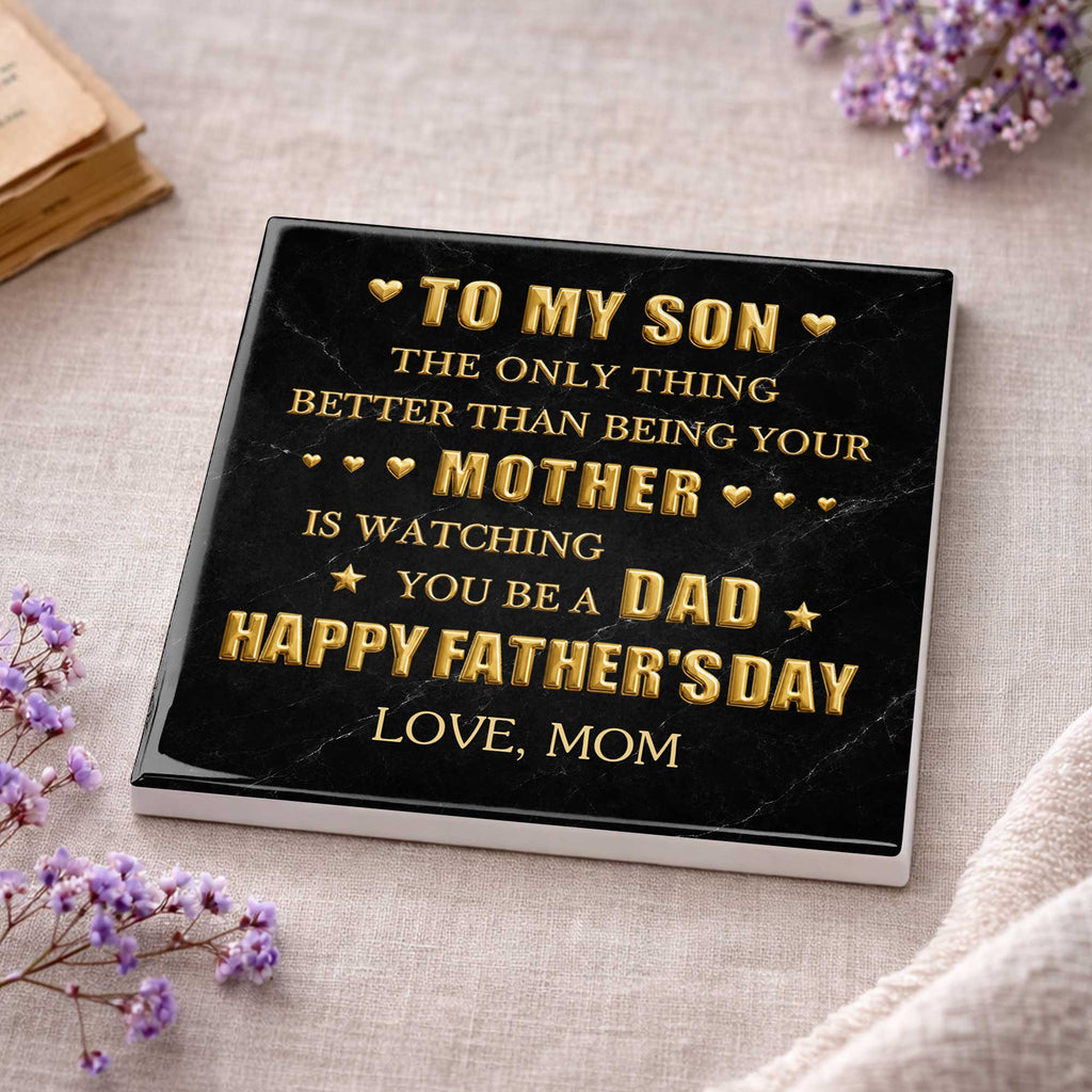 Personalized Ceramic Coaster Custom Message Gift for Son Square Ceramic Coaster GradoCreations