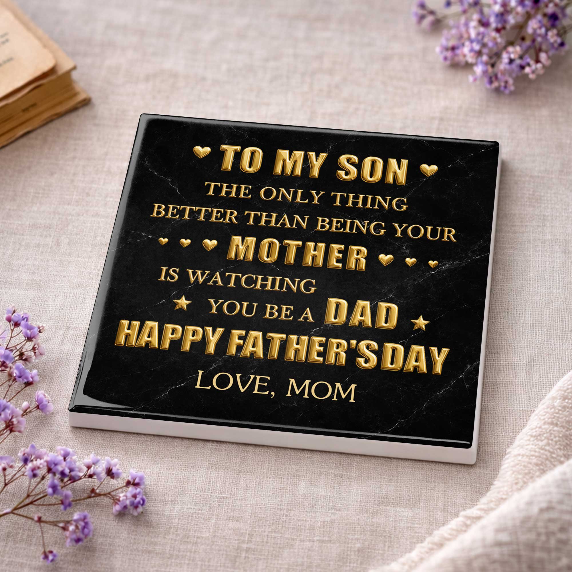 Personalized Ceramic Coaster Custom Message Gift for Son Square Ceramic Coaster GradoCreations
