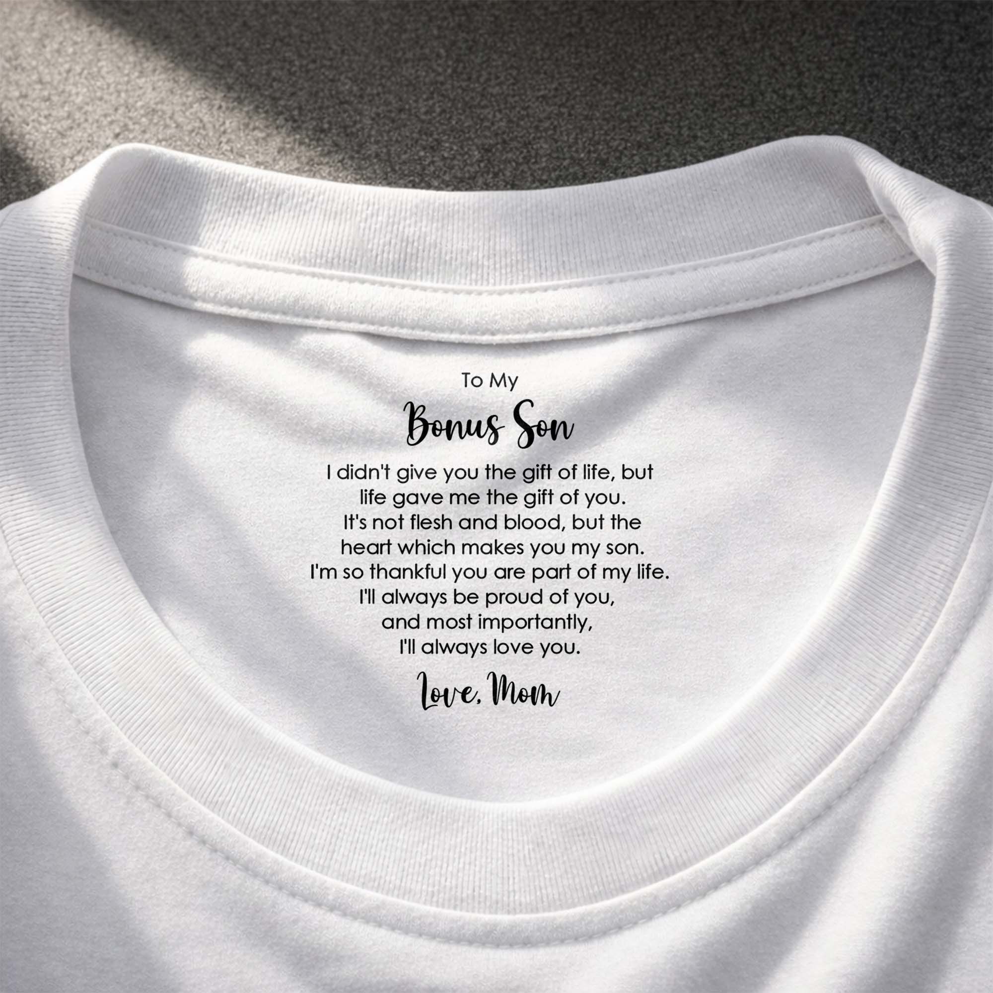 Personalized Cotton T-Shirt for Bonus Son Heartfelt Gift Basic Shirt, Print inside back collar GradoCreations