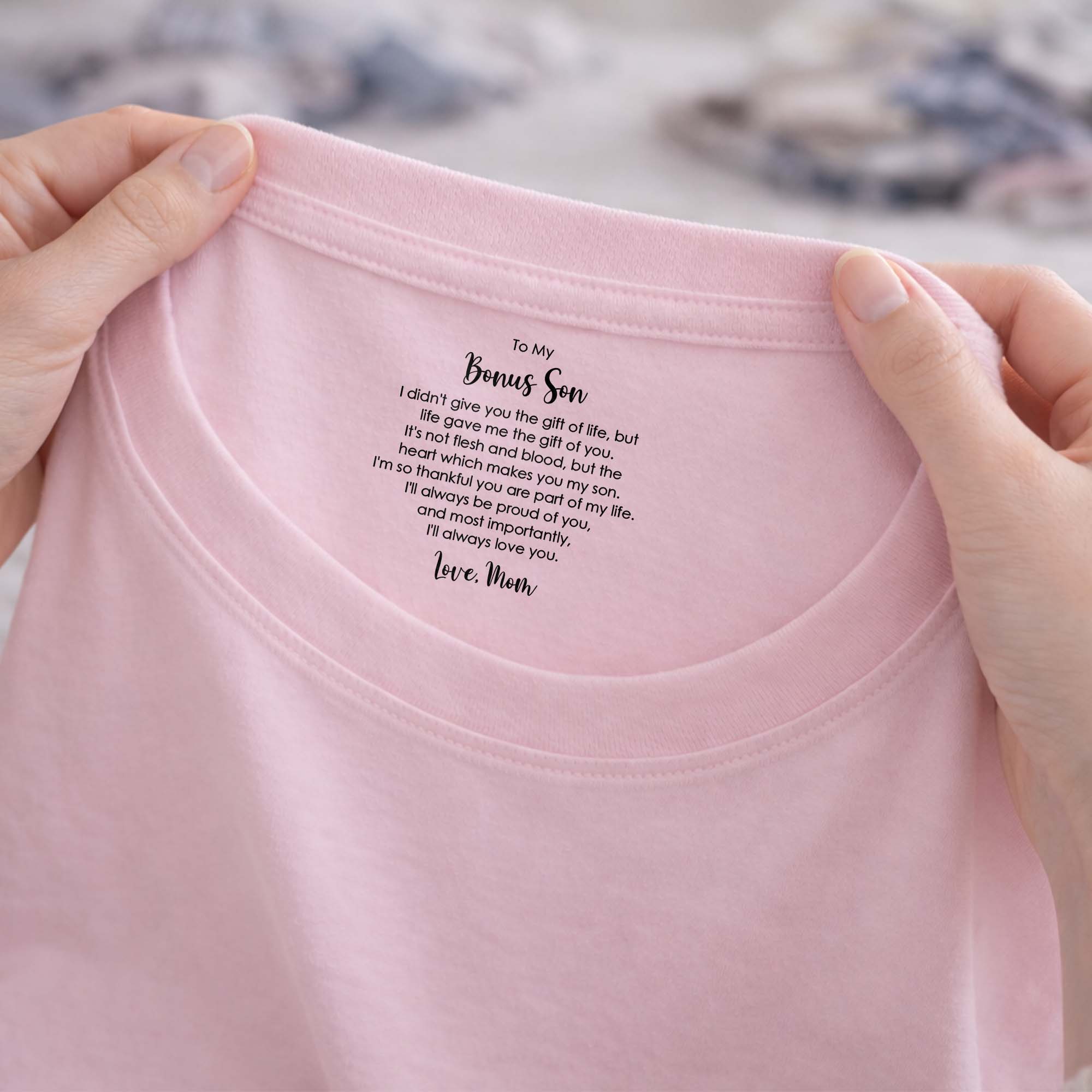 Personalized Cotton T-Shirt for Bonus Son Heartfelt Gift Basic Shirt, Print inside back collar GradoCreations