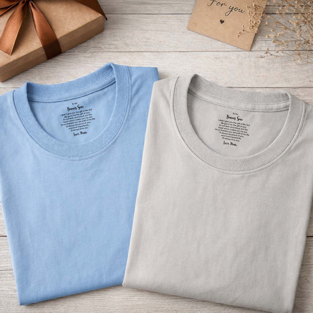 Personalized Cotton T-Shirt for Bonus Son Heartfelt Gift Basic Shirt, Print inside back collar GradoCreations