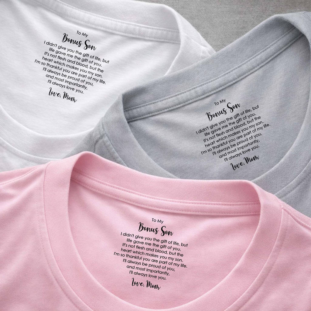 Personalized Cotton T-Shirt for Bonus Son Heartfelt Gift Basic Shirt, Print inside back collar GradoCreations