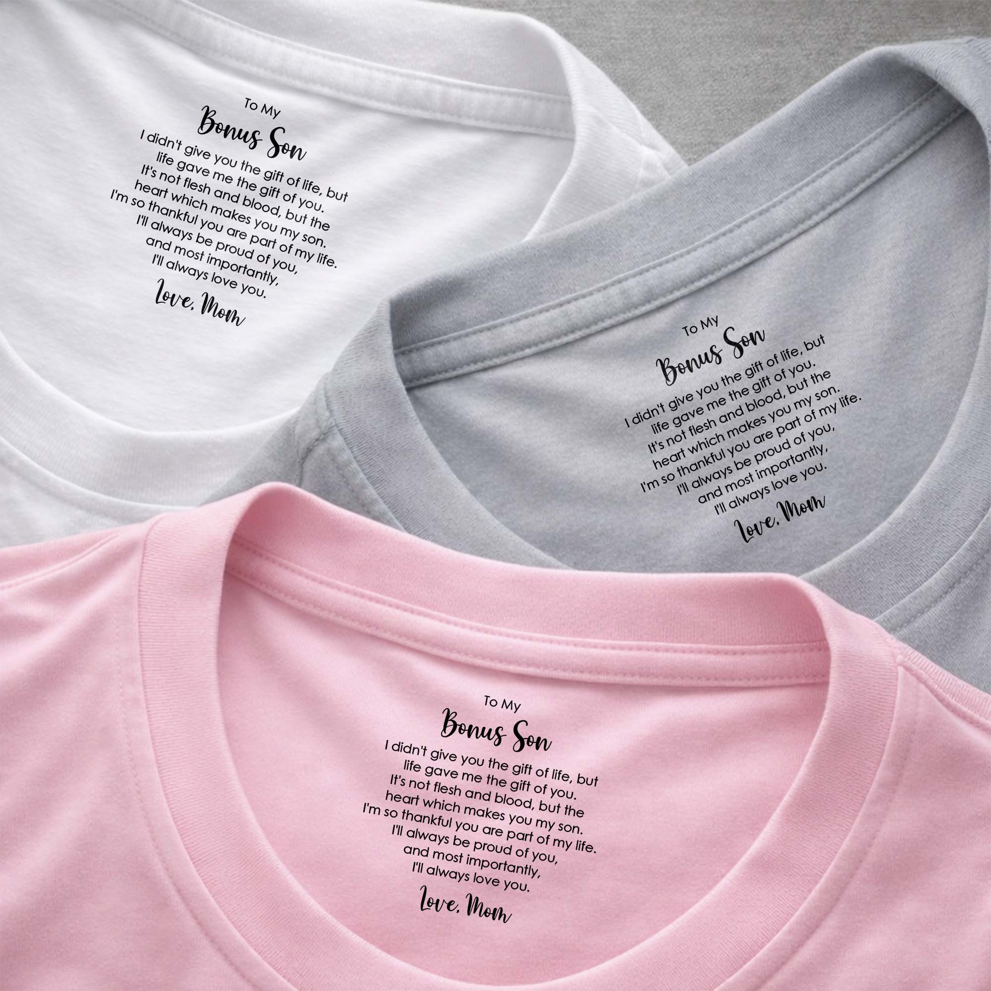 Personalized Cotton T-Shirt for Bonus Son Heartfelt Gift Basic Shirt, Print inside back collar GradoCreations