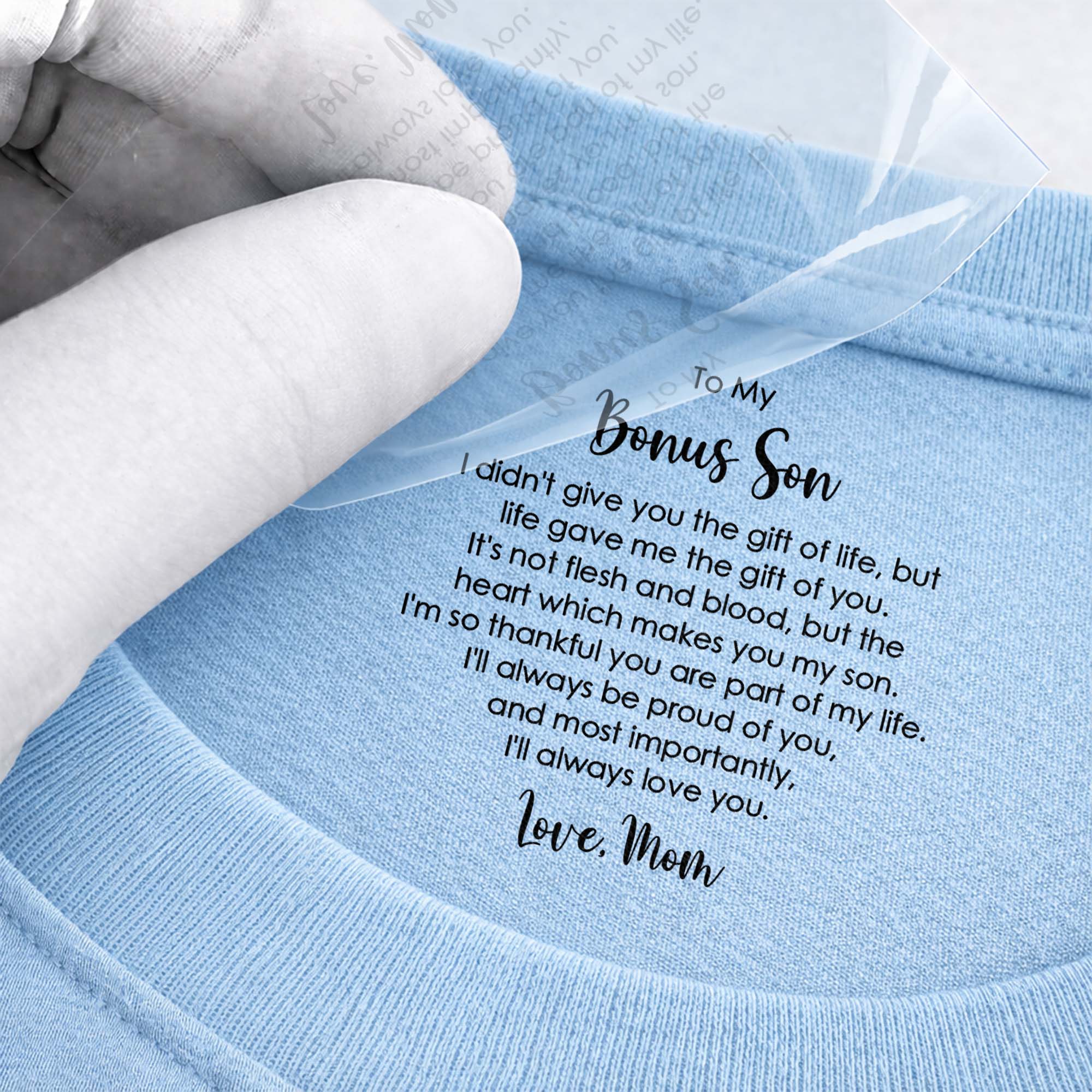 Personalized Cotton T-Shirt for Bonus Son Heartfelt Gift Basic Shirt, Print inside back collar GradoCreations