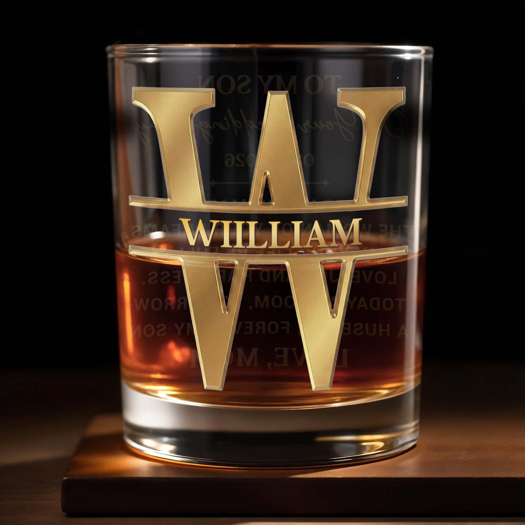 Personalized 3D Golden Monogram Whiskey Glass Custom Gift for Son Whiskey Glass GradoCreations