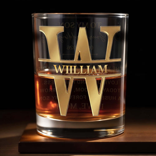 Personalized 3D Golden Monogram Whiskey Glass Custom Gift for Son Whiskey Glass GradoCreations