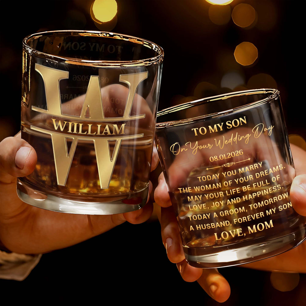 Personalized 3D Golden Monogram Whiskey Glass Custom Gift for Son Whiskey Glass GradoCreations