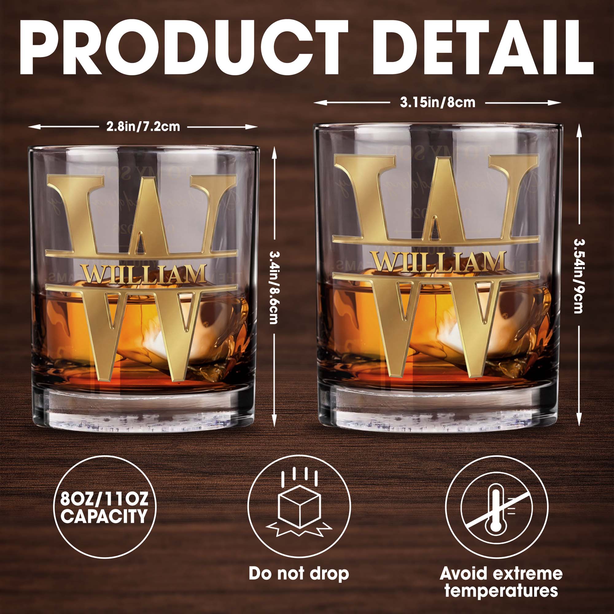 Personalized 3D Golden Monogram Whiskey Glass Custom Gift for Son